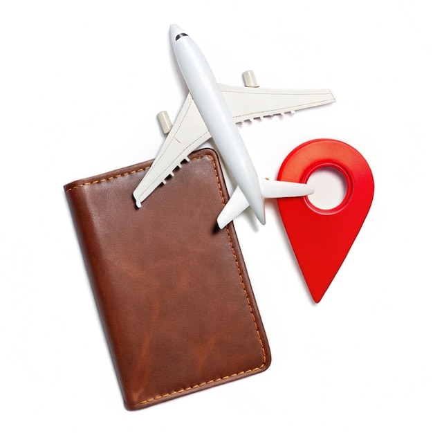 bruine paspoortcover met een speelgoedvliegtuig en rode locatie marker perfect voor reizen en avontuur