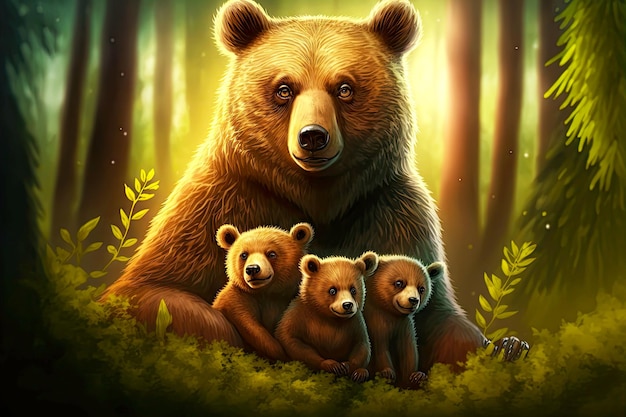 Bruine schattige beer met welpen op onscherpe achtergrond met bomen gemaakt met generatieve ai