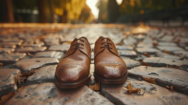 Foto bruine schoenen op cobblestone road