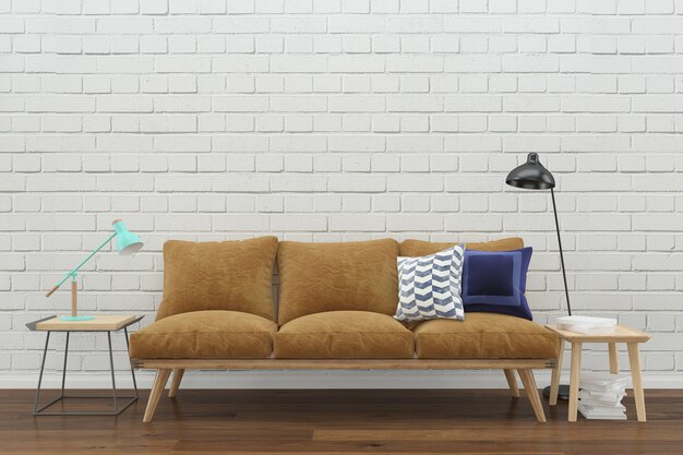 Bruine sofa bakstenen muur stoel lamp houten vloer houten tafel