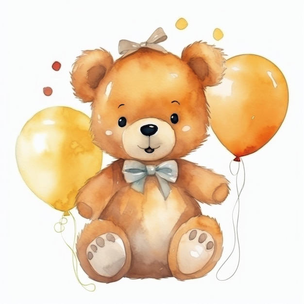 Bruine teddybeer zit op een stapel ballonnen