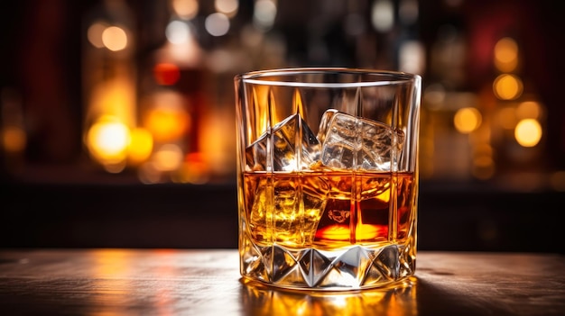 bruine whisky in glas met ijsblokje op de bartafel generatieve ai