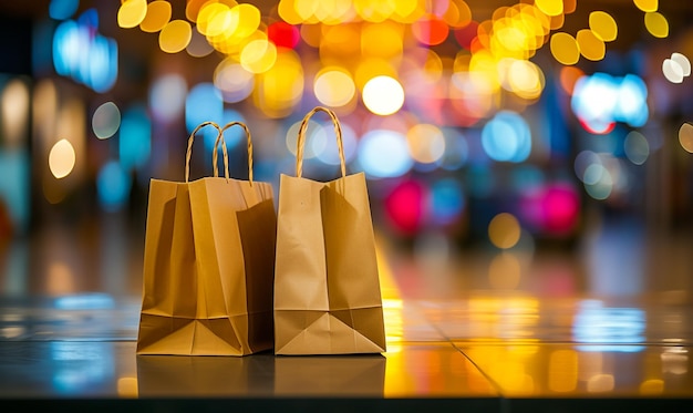 Bruine winkelzakken op de vloer voor de winkelcentrum winkel's nachts zakelijke detailhandel banner en teken concept