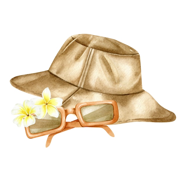 Bruine zonnehoed met oranje zonnebril en plumeria bloemen Beach Headwear Vakantie accessoires