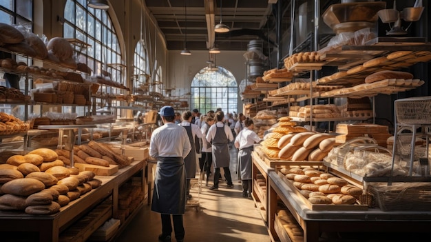 bruisende bakkerij met bakkers in witte schorten en hoeden die rond de rekken van brood en gebak bewegen