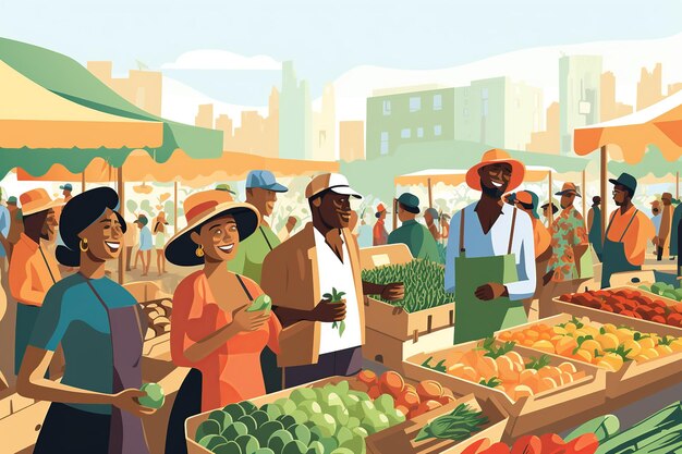 Foto bruisende boerenmarkt met verse producten en milieuvriendelijke shoppers