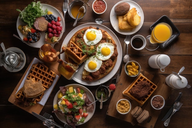 Brunch feast with endless options of pancakes waffles and eggs benedict created with generative ai