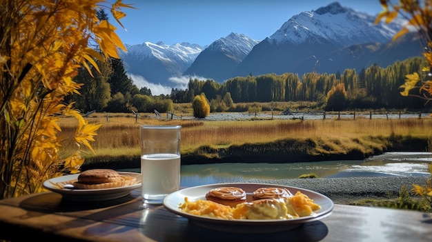 Brunchfoto van Mountain Cook genomen vanuit Matheson Lake Cafe met behulp van generatieve AI