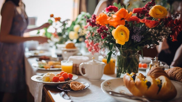 Brunchtafel met bloemen en vrouw op de achtergrond soft focus Generative AI