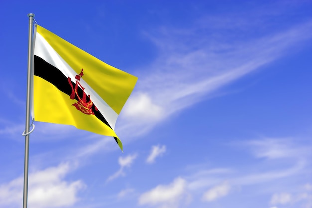 Brunei Darussalam Flag Over Blue Sky Background 3D Illustration