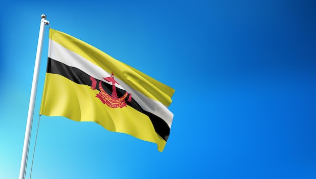 Brunei Darussalam Flag Flying on Blue Sky Background 3D Render