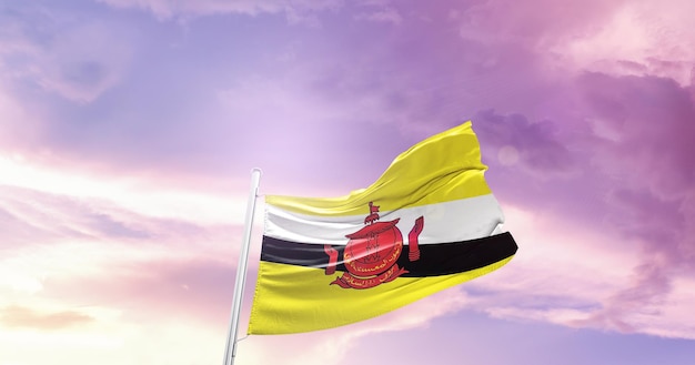 Национальный флаг Брунея развевается в красивом небе