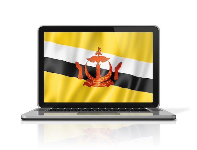 Brunei vlag op laptop scherm geïsoleerd op wit. 3D illustratie geeft terug.