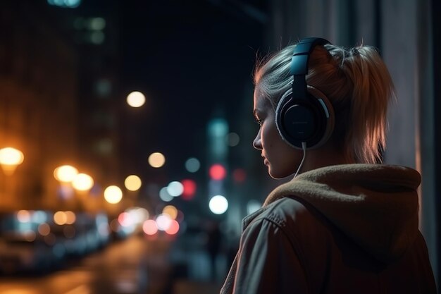 A brunet girl listens to music with headphones looks at the night city