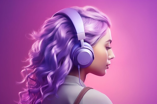 A brunet girl listens to music with headphones purple background isolated
