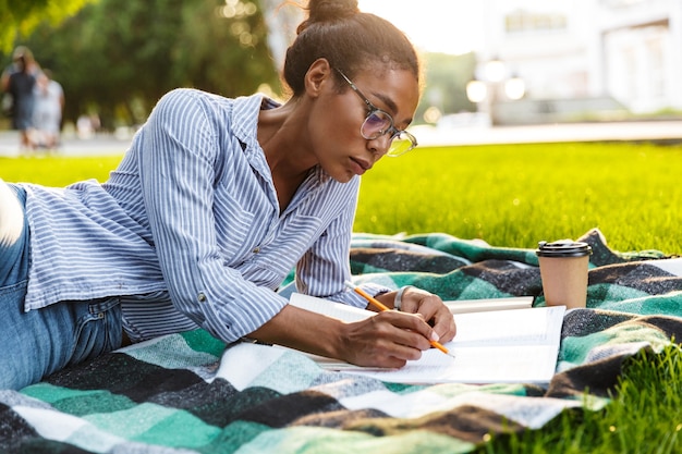 brunette african american woman studying with exercise books while lying on blanket in park