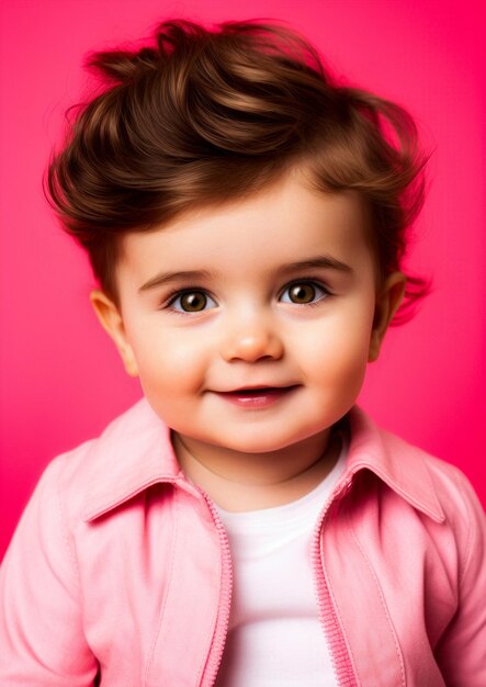 Foto bambino bruno in abiti rosa su uno sfondo rosa concettuale per la cornice