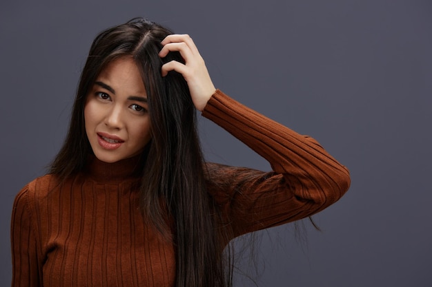 Brunette brown sweater glamor posing smile fashion Lifestyle