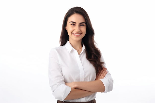 brunette business lady in white shirt smiling confident and cheerful with folded hands isolated on white background generative AI