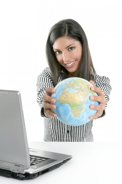 Brunette businesswoman with global map