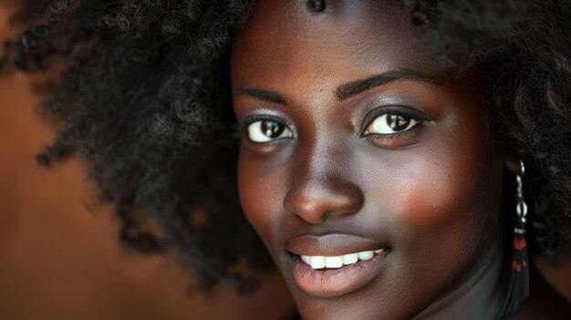 Brunette curly haired young model with dark skin and a perfect smile poses for a portrait of an African beautiful woman