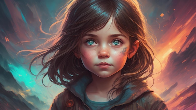 Brunette cute happy little kid girl on abstract background Generative AI