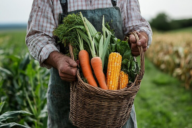 Photo brunette farmer with fresh vegetables at sunset