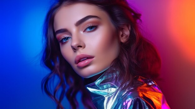 Брюнетка-модель позирует в студии под яркими яркими неоновыми огнями Генеративный ИИ - потрясающий женский текущий сияющий макияж и блестящие серебряные губы