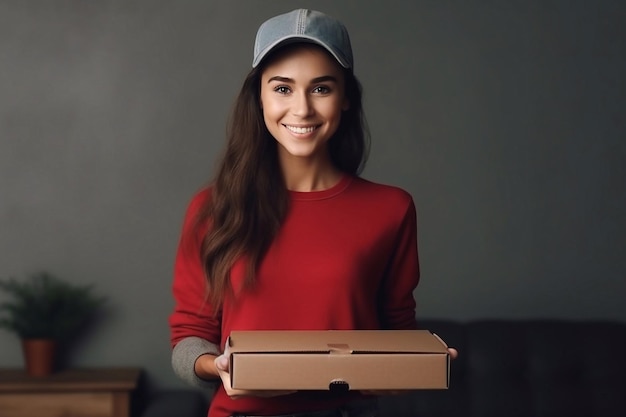 A brunette girl in a red sweater and a gray cap delivers an order to the home pizza delivery