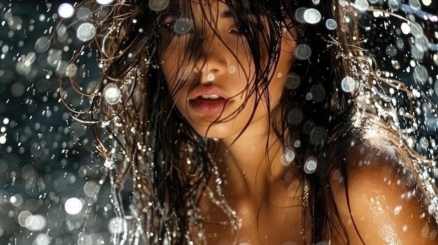 Foto ragazza bruna circondata da spruzzi d'acqua frizzante