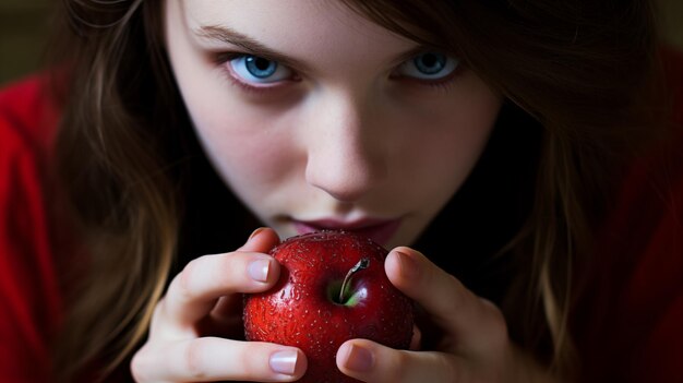 파란 눈 을 가진 갈색 소녀 는 손 에 밝은  ⁇ 은 사과를 들고 있다