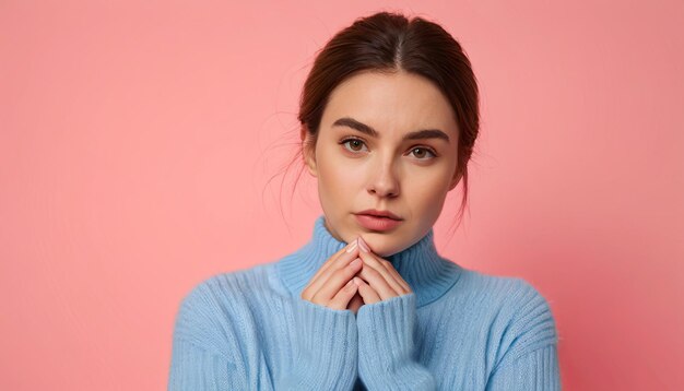 Photo brunette girl with high updo and in blue sweater putting hands around her face and looks mysterious