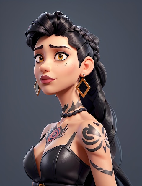 brunette girl with long braided hair and tattoos 3d animation