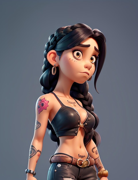 brunette girl with long braided hair and tattoos 3d animation