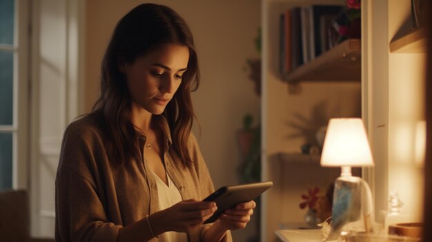 Brunette at Home Looking at Tablet