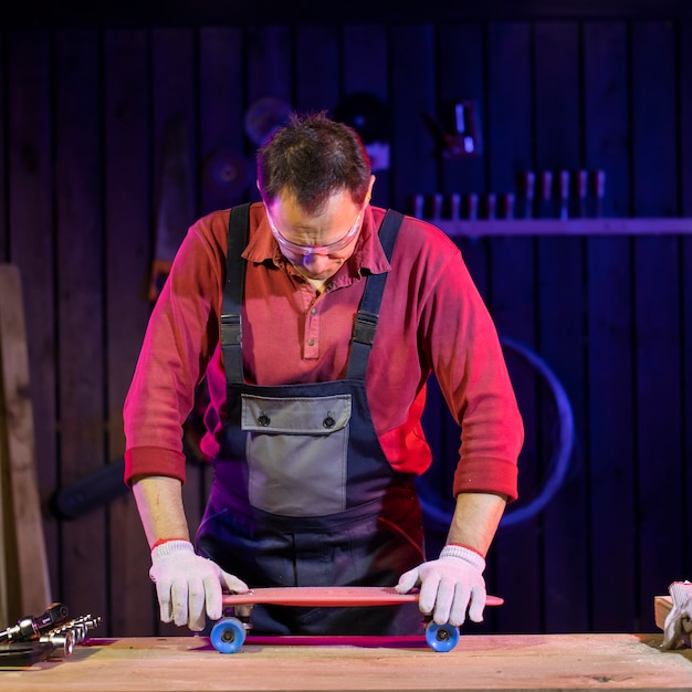 Brunette man in jumpsuit stress testing plastic kids skateboard in home workshop