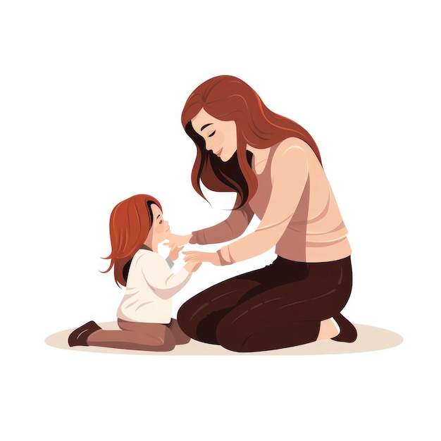 Photo brunette mom protecting blonde toddler girl minimalist