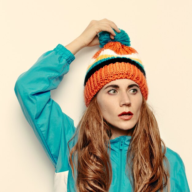 Brunette Pom pom hat and stylish Jacket Snowboard Warm fashion accessories