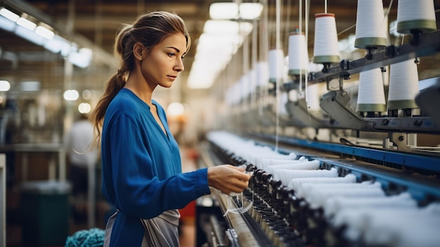 Brunette pretty woman carefully working on weaving factory to make clothes threads