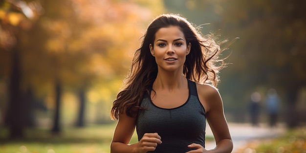 A brunette runner woman runs in the park jogging