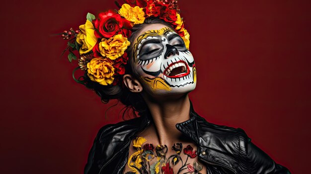 Brunette vrouw met Sugar Skull Face Paint die een lederen jas draagt op een gekleurde achtergrond Generatieve AI