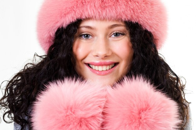 Photo brunette winter fashion face positivity