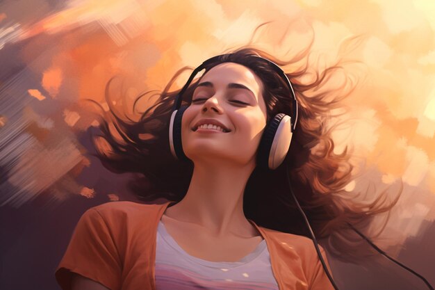 brunette woman happy child listening to music outdoors influence of Zen Buddhism