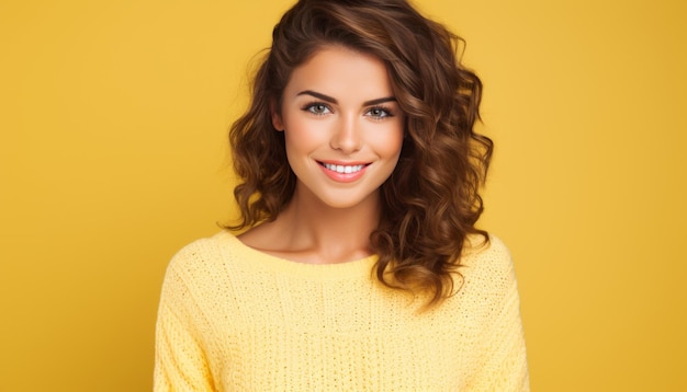 Brunette woman holding phone isolated background perfect for advertising or social media