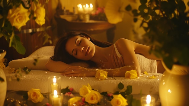 Photo brunette woman lying on spa bed with yellow roses and candles