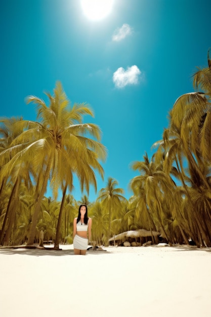 Photo brunette woman posing on a tropical beach with palm trees