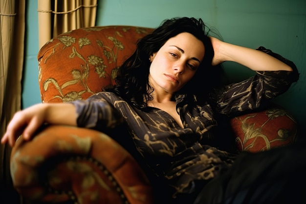 Brunette Woman Resting in Deep Armchair