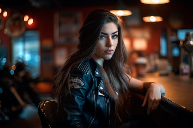 Brunette woman sitting at a bar generated by AI