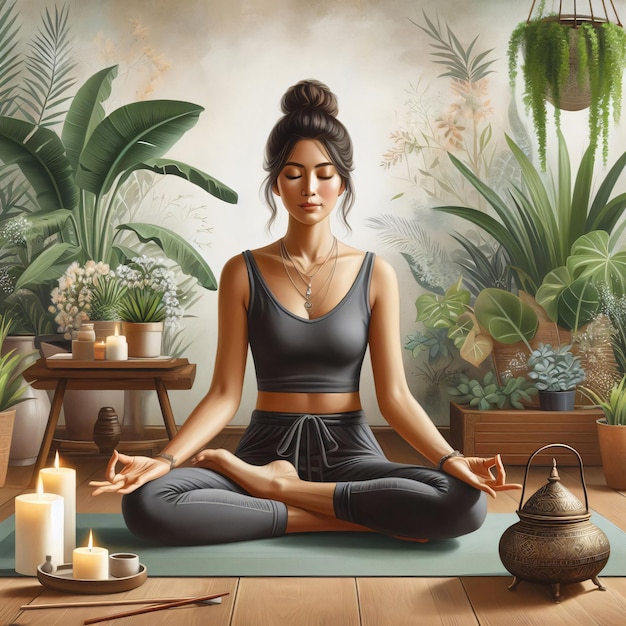 Brunette woman sitting in yoga asana near green plant