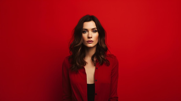 Brunette woman standing over red background